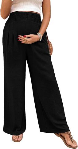 BLENCOT Women's Maternity Pants Smocked Palazzo Pregnancy Trousers | Elastic High Waisted,Side Pockets, Wide Leg Long Flowy Pants Pregnancy & Postpartum Outfits Summer Maternity Clothes in Kuwait