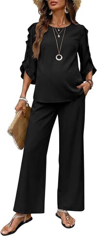 BLENCOT Women's Maternity 3/4 Ruffle Sleeve Two Piece Lounge Set Business Casual Pregnancy Office Outfits with Pockets in Kuwait