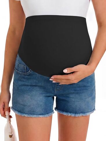 Summer Mae Cool-Touch Maternity Jean Shorts Over Belly Stretchy Denim Shorts with Pockets Frayed Hem Summer Pregnancy Clothes in Kuwait