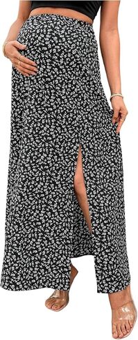 OYOANGLE Women's Maternity Floral Skirts Adjustable High Waist Split Thigh Ruffle Long Skirt in Kuwait