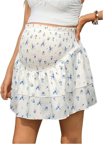 MakeMeChic Women's Maternity Skirt Floral High Waist Layered Ruffle Flowy Summer Short Skirts in Kuwait