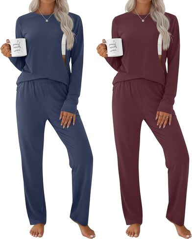 2 Pack Maternity Nursing Pajamas Set | Breastfeeding Long Sleeve Sleepwear, Postpartum Lounge, 2 Top and 2 Pant, for Women in Kuwait