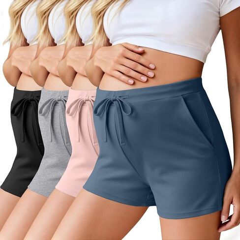 Ficerd 4 Pack Women's Maternity Athletic Shorts | Summer Pregnancy Shorts, Elastic Waist, Lounge Pajama, with Pockets and Drawstring, Loose Fit, Soft in Kuwait