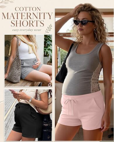 Ficerd 4 Pack Women's Maternity Athletic Shorts | Summer Pregnancy Shorts, Elastic Waist, Lounge Pajama, with Pockets and Drawstring, Loose Fit, Soft in Kuwait