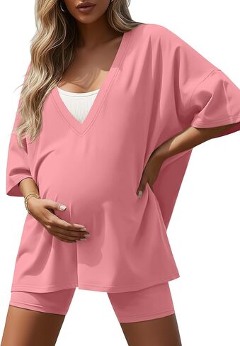 Women's 2 Piece Maternity Lounge Set Oversized Nursing V Neck Lightweight Shirt Cotton Pregnancy Shorts Pajama Set(Rose Pink,Large) in Kuwait