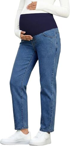 BLENCOT Womens Over The Belly Straight Leg Maternity Jeans Stretchy High Waist Pregnancy Pants with Pockets in Kuwait