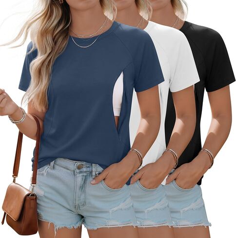 Huukeay 3 Pack Women's Nursing Tops | Postpartum Breastfeeding Shirts, Maternity Tee, Short Sleeve, Crew Neck, Zipper with Hidden in Kuwait