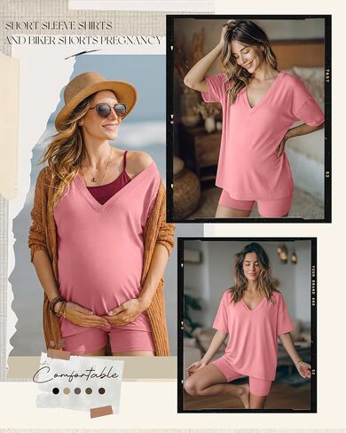 Women's 2 Piece Maternity Lounge Set Oversized Nursing V Neck Lightweight Shirt Cotton Pregnancy Shorts Pajama Set(Rose Pink,Large) in Kuwait