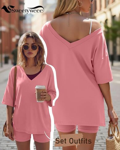 Women's 2 Piece Maternity Lounge Set Oversized Nursing V Neck Lightweight Shirt Cotton Pregnancy Shorts Pajama Set(Rose Pink,Large) in Kuwait