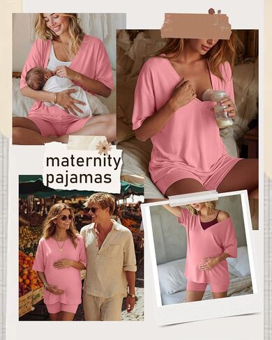 Women's 2 Piece Maternity Lounge Set Oversized Nursing V Neck Lightweight Shirt Cotton Pregnancy Shorts Pajama Set(Rose Pink,Large) in Kuwait