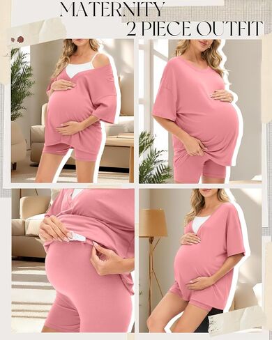 Women's 2 Piece Maternity Lounge Set Oversized Nursing V Neck Lightweight Shirt Cotton Pregnancy Shorts Pajama Set(Rose Pink,Large) in Kuwait