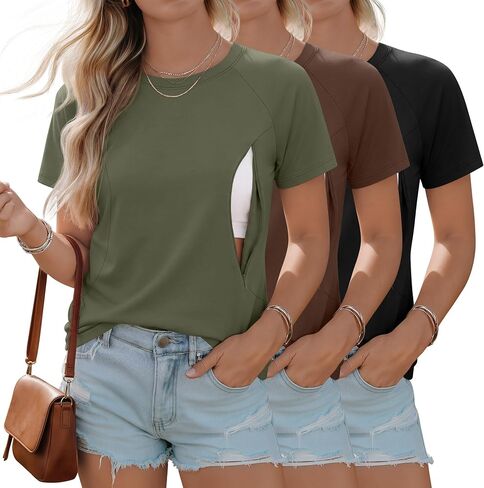 Huukeay 3 Pack Women's Nursing Tops | Postpartum Breastfeeding Shirts, Maternity Tee, Short Sleeve, Crew Neck, Zipper with Hidden in Kuwait