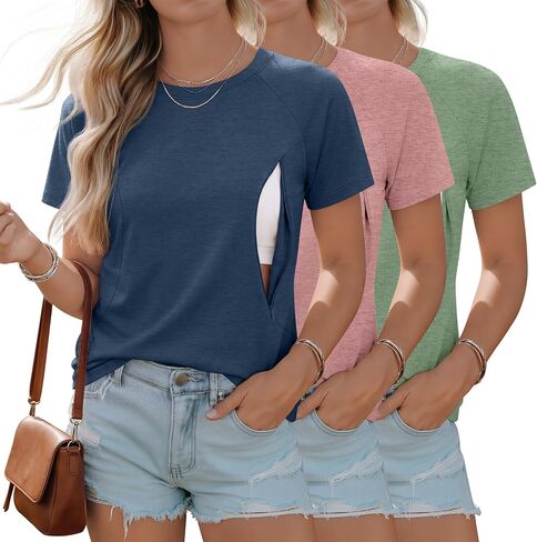 Huukeay 3 Pack Women's Nursing Tops | Postpartum Breastfeeding Shirts, Maternity Tee, Short Sleeve, Crew Neck, Zipper with Hidden in Kuwait