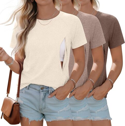 Huukeay 3 Pack Women's Nursing Tops | Postpartum Breastfeeding Shirts, Maternity Tee, Short Sleeve, Crew Neck, Zipper with Hidden in Kuwait