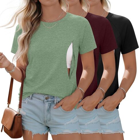 Huukeay 3 Pack Women's Nursing Tops | Postpartum Breastfeeding Shirts, Maternity Tee, Short Sleeve, Crew Neck, Zipper with Hidden in Kuwait