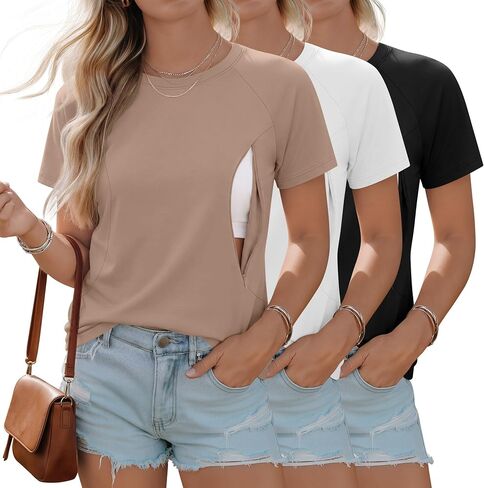 Huukeay 3 Pack Women's Nursing Tops | Postpartum Breastfeeding Shirts, Maternity Tee, Short Sleeve, Crew Neck, Zipper with Hidden in Kuwait