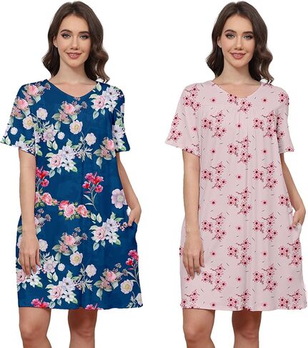 Cotton 2 Pack Hospital Gown for Women Open Back Snaps with Pockets | Adaptive Patient Gown Set, Short Sleeve Overlap Back, Soft Stretch Cotton for Hospital, Postpartum, Elderly and Home Care in Saudi Arabia