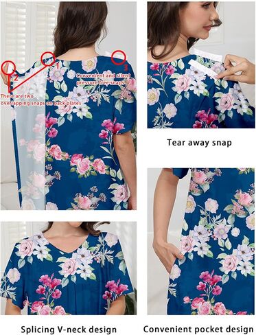 Cotton 2 Pack Hospital Gown for Women Open Back Snaps with Pockets | Adaptive Patient Gown Set, Short Sleeve Overlap Back, Soft Stretch Cotton for Hospital, Postpartum, Elderly and Home Care in Saudi Arabia