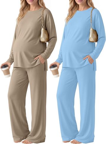Huukeay 2 Pack Maternity Long Sleeve Pajamas Sets | Oversized, Matching Outfits, Lounge Tops, Wide Leg Pants, Pockets, Crew Neck, Soft Stretchy Fabric, Postpartum in Kuwait