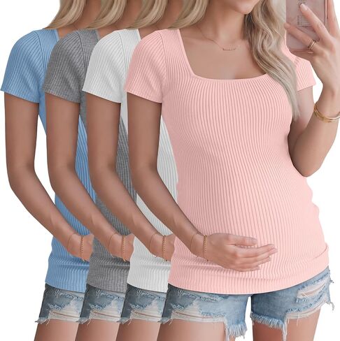 Ficerd 4 Pack Women's Maternity Shirts | Ribbed, Pregnancy Tops, Short Sleeve, Square Neck, Tee, Summer, Basic, Casual, Clothes, Work, Daily Wear in Kuwait