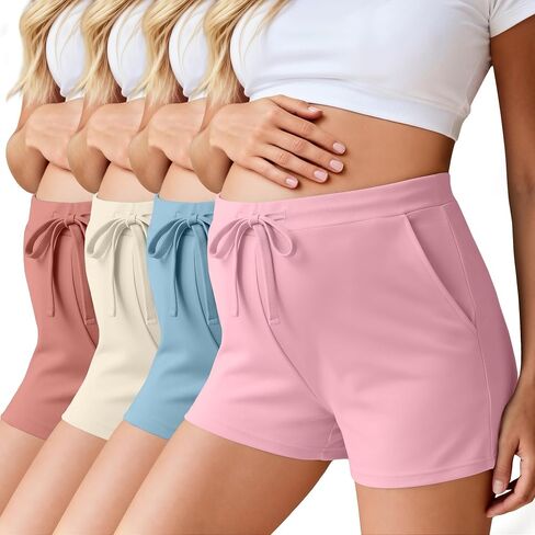 Ficerd 4 Pack Women's Maternity Athletic Shorts | Summer Pregnancy Shorts, Elastic Waist, Lounge Pajama, with Pockets and Drawstring, Loose Fit, Soft in Kuwait