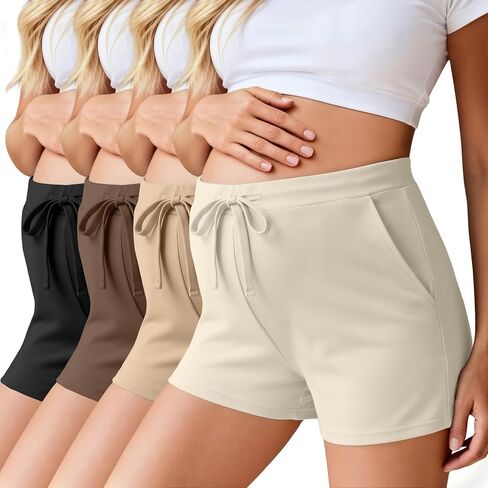 Ficerd 4 Pack Women's Maternity Athletic Shorts | Summer Pregnancy Shorts, Elastic Waist, Lounge Pajama, with Pockets and Drawstring, Loose Fit, Soft in Kuwait