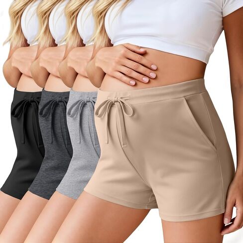 Ficerd 4 Pack Women's Maternity Athletic Shorts | Summer Pregnancy Shorts, Elastic Waist, Lounge Pajama, with Pockets and Drawstring, Loose Fit, Soft in Kuwait