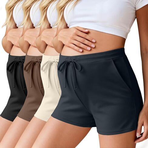 Ficerd 4 Pack Women's Maternity Athletic Shorts | Summer Pregnancy Shorts, Elastic Waist, Lounge Pajama, with Pockets and Drawstring, Loose Fit, Soft in Kuwait
