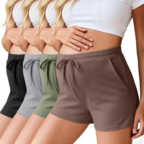 Ficerd 4 Pack Women's Maternity Athletic Shorts | Summer Pregnancy Shorts, Elastic Waist, Lounge Pajama, with Pockets and Drawstring, Loose Fit, Soft in Kuwait