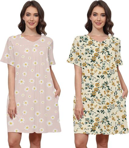 Cotton 2 Pack Hospital Gown for Women Open Back Snaps with Pockets | Adaptive Patient Gown Set, Short Sleeve Overlap Back, Soft Stretch Cotton for Hospital, Postpartum, Elderly and Home Care in Kuwait