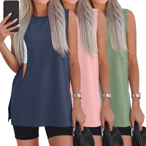 Ficerd 3 Pack Women's Nursing Tank Tops | Sleeveless Breastfeeding Shirts, Hidden Zippers, Maternity Tops, Crew Neck, Oversized, Split Hem, Pregnant Clothes, Pumping in Kuwait