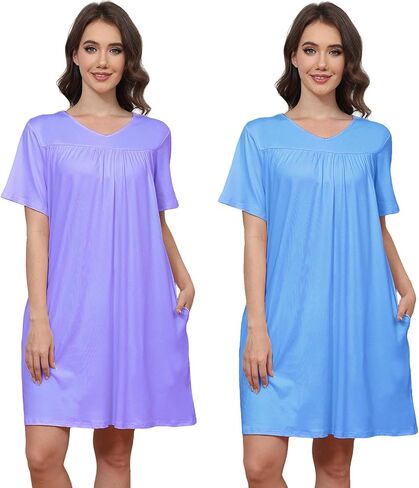 Cotton 2 Pack Hospital Gown for Women Open Back Snaps with Pockets | Adaptive Patient Gown Set, Short Sleeve Overlap Back, Soft Stretch Cotton for Hospital, Postpartum, Elderly and Home Care in Saudi Arabia