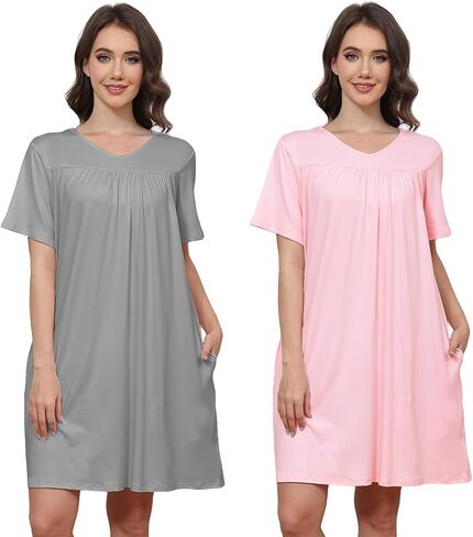 Cotton 2 Pack Hospital Gown for Women Open Back Snaps with Pockets | Adaptive Patient Gown Set, Short Sleeve Overlap Back, Soft Stretch Cotton for Hospital, Postpartum, Elderly and Home Care in Saudi Arabia