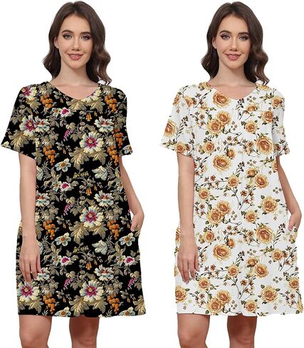 Cotton 2 Pack Hospital Gown for Women Open Back Snaps with Pockets | Adaptive Patient Gown Set, Short Sleeve Overlap Back, Soft Stretch Cotton for Hospital, Postpartum, Elderly and Home Care in Saudi Arabia