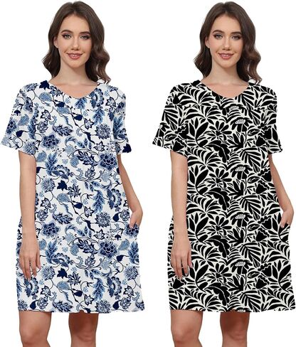 Cotton 2 Pack Hospital Gown for Women Open Back Snaps with Pockets | Adaptive Patient Gown Set, Short Sleeve Overlap Back, Soft Stretch Cotton for Hospital, Postpartum, Elderly and Home Care in Saudi Arabia