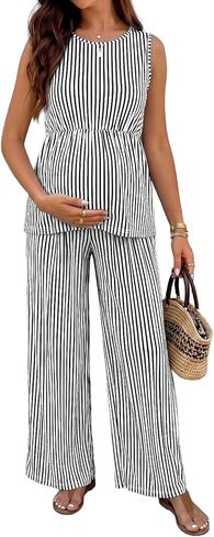 BLENCOT Maternity Clothes Summer 2 Piece Outfits Striped Sleeveless Sets | Summer Sleepwear Pajama Set, Pregnancy Outfit Clothes, Adjustable Waist Suit for Postpartum Recovery in Kuwait