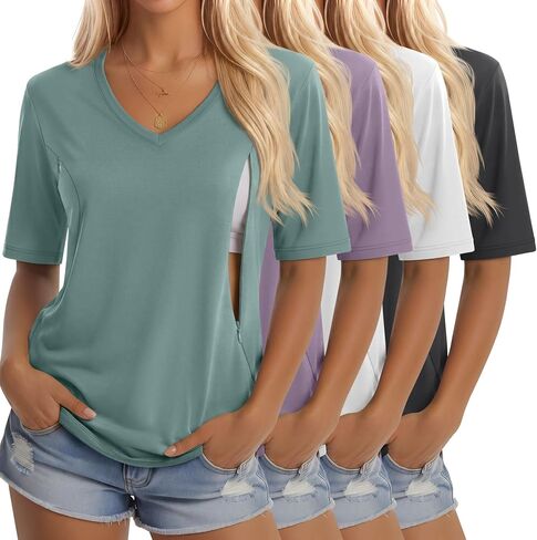 4 Pack Women Nursing Shirts Breastfeeding Tops | Hidden Zipper Access, V Neck Half Sleeves, Soft Breathable Fabric, Postpartum Tees, Public Nursing, Travel, Daily Wear in Kuwait