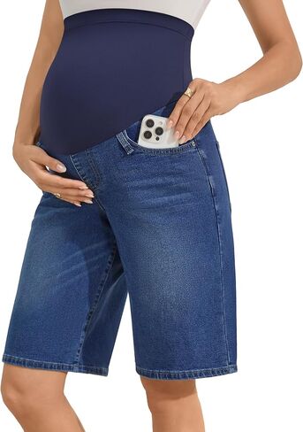 AMPOSH Women's Maternity Denim Shorts Over The Belly Bermuda Jean Shorts Wide Leg Knee Length Pockets, S-2XL in Kuwait