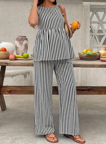 BLENCOT Maternity Clothes Summer 2 Piece Outfits Striped Sleeveless Sets | Summer Sleepwear Pajama Set, Pregnancy Outfit Clothes, Adjustable Waist Suit for Postpartum Recovery in Kuwait