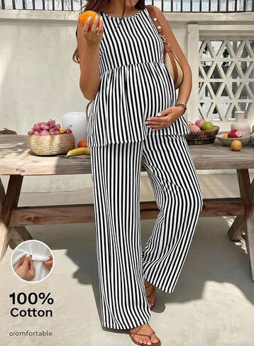 BLENCOT Maternity Clothes Summer 2 Piece Outfits Striped Sleeveless Sets | Summer Sleepwear Pajama Set, Pregnancy Outfit Clothes, Adjustable Waist Suit for Postpartum Recovery in Kuwait