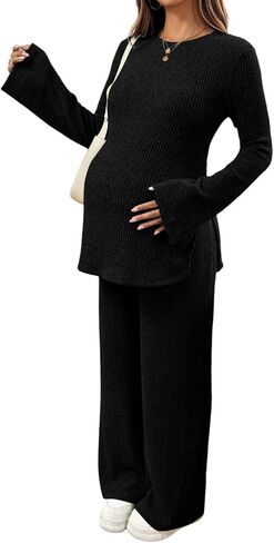 BLENCOT Maternity 2 Piece Outfits Ribbed Knit Long Sleeve Sets | Casual Comfy Lounge Pajamas, Side Slit Matching Set Pregnancy Clothes with Pockets, Sleepwear Nursing Postpartum in Saudi Arabia