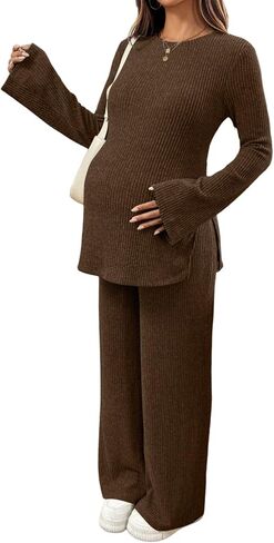 BLENCOT Maternity 2 Piece Outfits Ribbed Knit Long Sleeve Sets | Casual Comfy Lounge Pajamas, Side Slit Matching Set Pregnancy Clothes with Pockets, Sleepwear Nursing Postpartum in Saudi Arabia