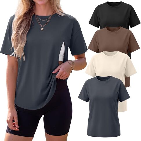 Ficerd 4 Pack Women's Nursing Breastfeeding Tops Hidden Zipper Short Sleeve Loose Fit Shirts Crew Neck Maternity Summer Tees in Kuwait