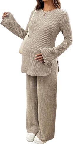 BLENCOT Maternity 2 Piece Outfits Ribbed Knit Long Sleeve Sets | Casual Comfy Lounge Pajamas, Side Slit Matching Set Pregnancy Clothes with Pockets, Sleepwear Nursing Postpartum in Saudi Arabia