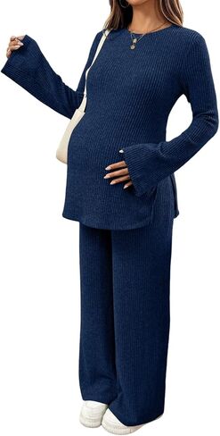 BLENCOT Maternity 2 Piece Outfits Ribbed Knit Long Sleeve Sets | Casual Comfy Lounge Pajamas, Side Slit Matching Set Pregnancy Clothes with Pockets, Sleepwear Nursing Postpartum in Saudi Arabia