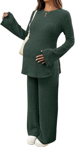 BLENCOT Maternity 2 Piece Outfits Ribbed Knit Long Sleeve Sets | Casual Comfy Lounge Pajamas, Side Slit Matching Set Pregnancy Clothes with Pockets, Sleepwear Nursing Postpartum in Saudi Arabia