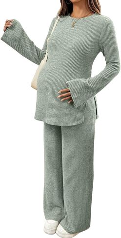 BLENCOT Maternity 2 Piece Outfits Ribbed Knit Long Sleeve Sets | Casual Comfy Lounge Pajamas, Side Slit Matching Set Pregnancy Clothes with Pockets, Sleepwear Nursing Postpartum in Saudi Arabia