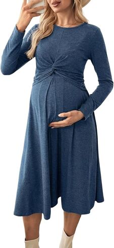 BLENCOT Maternity Nursing Dress Twist Knot Pull Up Feed Midi Long Sleeve Breastfeeding Dress for Pregnancy Postpartum in Kuwait
