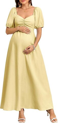 CYCLAMEN Boho Maternity Photoshoot Dress Sweetheart Neck Puff Sleeve Pleated A Line Maxi Pregnancy Gown for Baby Shower in Kuwait