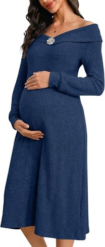 BLENCOT Womens Maternity Off The Shoulder Sweater Dress Knit Long Sleeve High Waist A Line Stretchy Casual Midi Dresses in Kuwait
